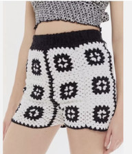 Urban Outfitters L Black White Crochet Shorts Granny Square Festival Hippie 70’s