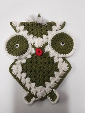 Owl Wall Hanging VTG Mid Century 1970  s Boho Crochet Knitted Green White