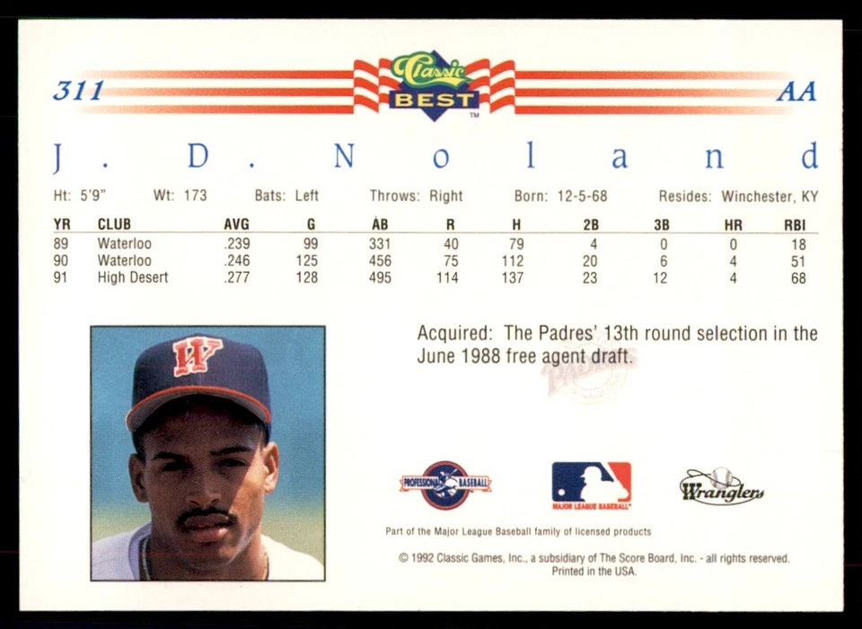 1992 Classic Best J.D. Noland Baseball Cards #311 - Image 2 of 2