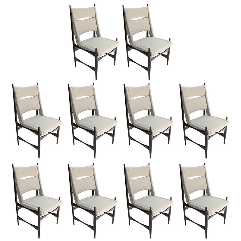 Set of Ten 1960s Brazilian Dining Chairs in Beige Linen