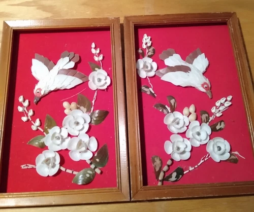 2 Seashell 3DArt Panels of Birds & Flowers Red Background Philippines VTG Boho