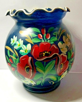 Beautiful Dark Blue Glass Flower Vase With Scalloped Top Hand