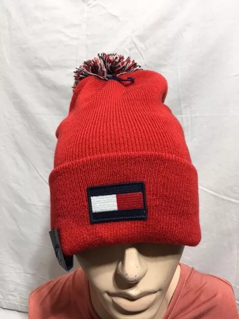 Women s NWT Tommy Hilfiger Red Beanie Pom Pom Ribbed Logo One Size