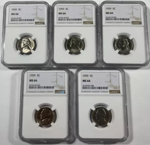 1959 Jefferson 5C NGC MS66 5 pcs. (#18064) Fresh holders.
