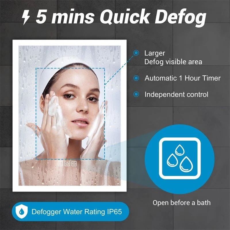 Espejo de baño LED de 40X32 pulgadas con luz frontal desempañado, 3 colores regulables, Full HD Foto 3 de 4