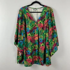 Catherines V-Neck Angel Sleeve Blouse Size 3X Green Multi Floral Tropical Print