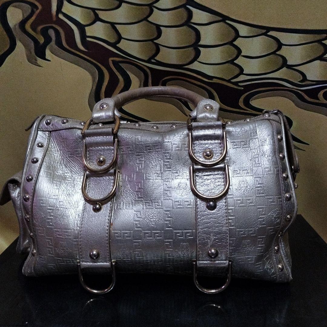 VERSACE HandBag Boston Bag With Studs Hardware Silver Leather Greca Embossed thumbnail 3