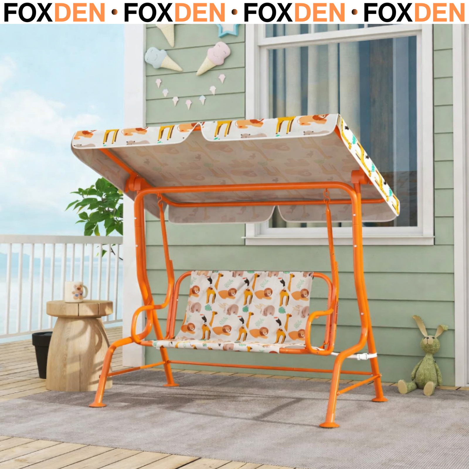 Aiyaplay Orange Kids Porch Swing, 2-Seater Patio Swing Bench Hammock With Seat Belts, Adjustable Canopy For Garden, - Image 2