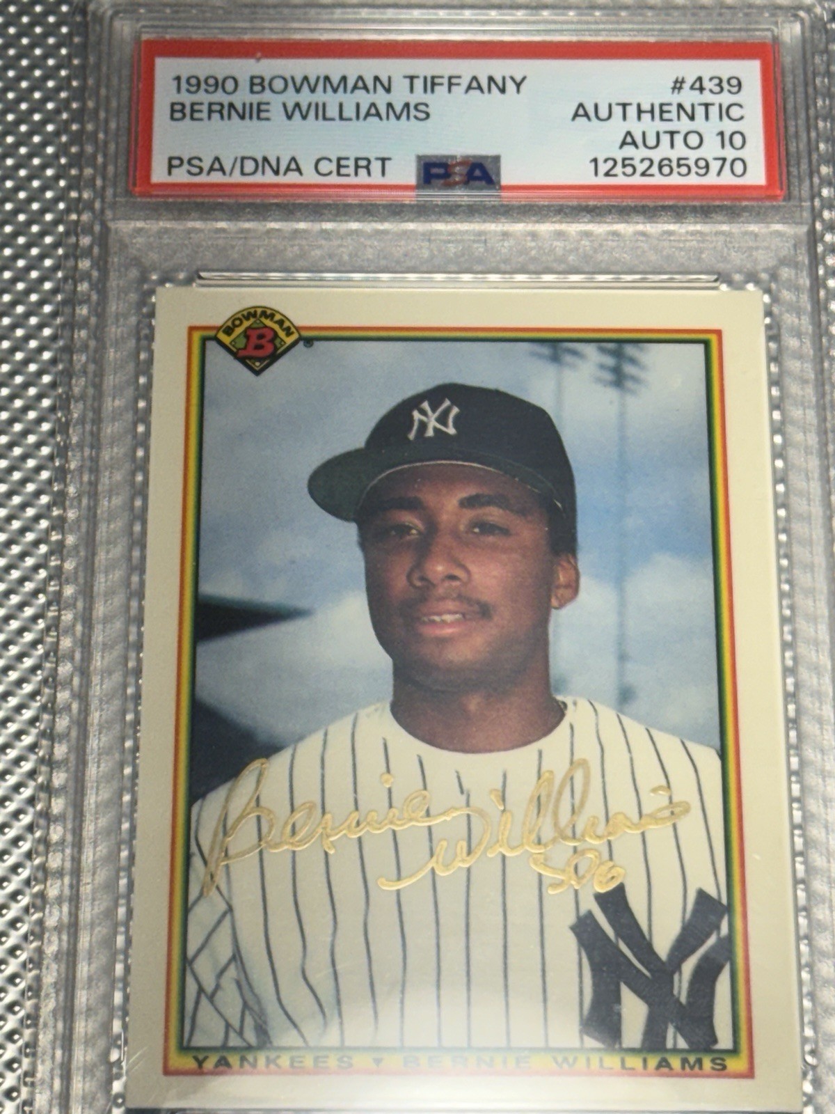 1990 Bowman Tiffany Bernie Williams rookie Gold ink auto PSA 10