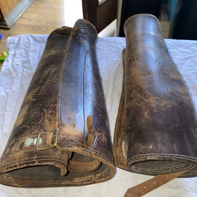 WWI Era Leather Gaiters Military Motorcycle Or Cavalry Use Brown Original Pair