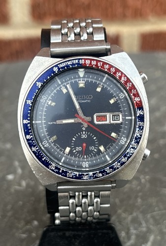 Vtg Seiko 'Blue Pogue' Chronograph Watch 6139-6002 Automatic WORKS BUTTONS STICK