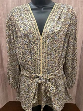 Max Studio Boho V-Neck Long Sleeve Yellow Floral  Tie Waist Blouse  Size Large