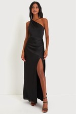 Lulus Signature Elegance Black Satin One-Shoulder Maxi Dress Size S