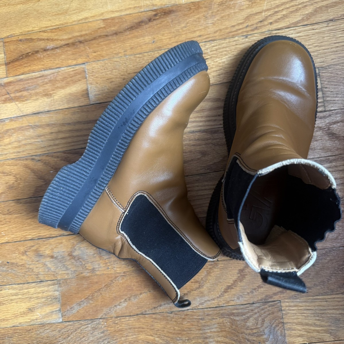 $495 Ganni Creepers Chelsea Leather Brown Chunky Sole Boots