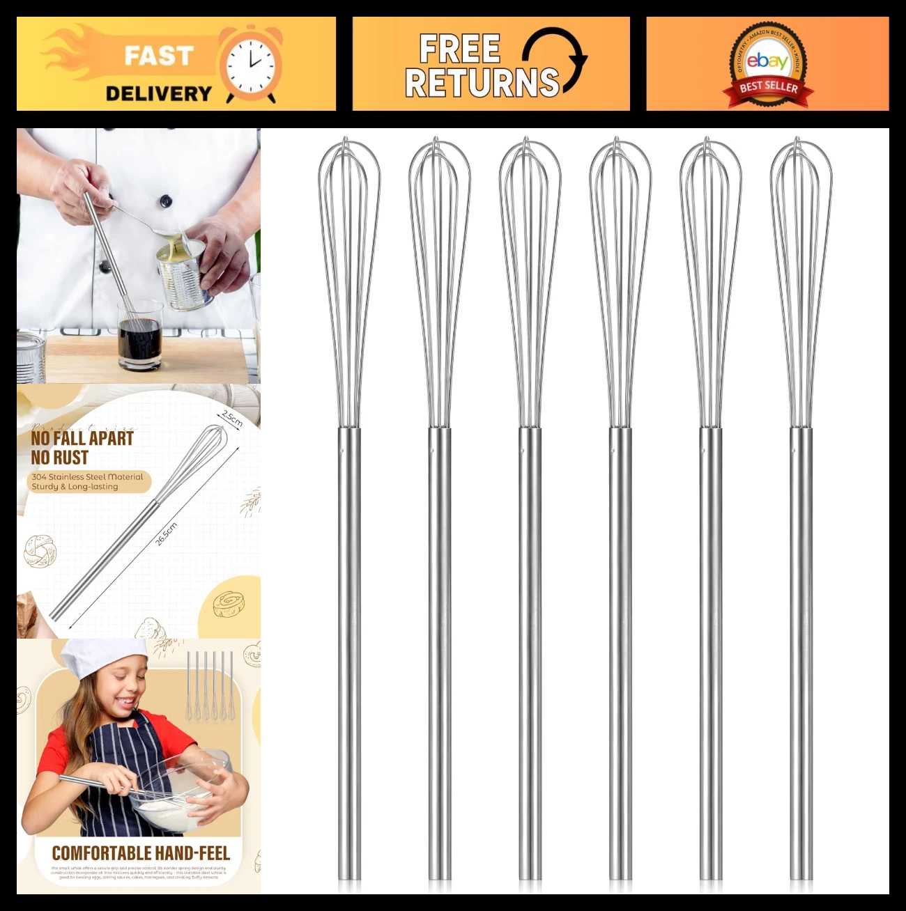 6 Pcs Mini Stainless Steel Whisks - 10.2 Inch Long Handle Egg Beater Set for Mix