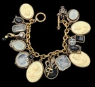 Extasia Signed Loaded Cameo Glass Intaglio Charm Bracelet Gold Tone 7.5” J151