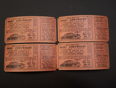 Chaverlet Raffle 1950 CHEVROLET RAFFLE TICKETS . 4 tickets . Harry M. Smith Inc ...