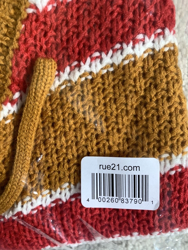 Suéter para mujer Rue 21 naranja y dorado a rayas con cordones cuello en V tejido con cable mediano  Foto 3 de 4