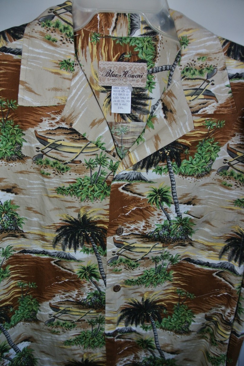Blue Hawaii Mens 2XL Palm Lagoon & Outriggers on Brown /Nice | eBay