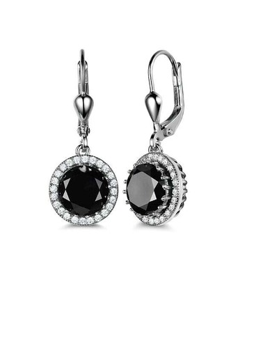 white gold finish onyx and created diamond round cut droplet earrings - Picture 3 of 4
