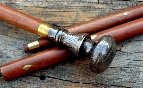 Vintage Solid Brass Chrome Head Handle Wooden Wal… - image 3