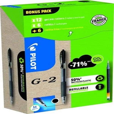 Pilot Greenpack G-2 Gel, 0,7 mm, Schwarz, 12 Stifte und 12 Ersatzminen
