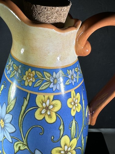 8” Oil Bottle Pitcher w Cork By Certified International - Floral - Blue Orange - Imagen 12 de 14