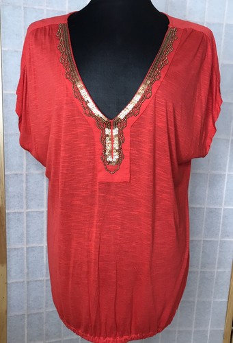 Izod Short Sleeve Shirt Lg Blouson Top Orange/Red Beaded VNeck Dressy TShirt EUC - Picture 5 of 7