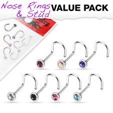 7 Pcs Pack of Assorted 316L Surgical Steel Press Fit CZ Gem Nose Screw Ring