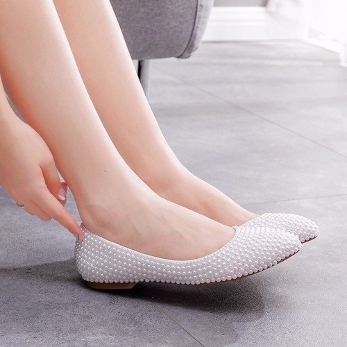 Damen Weiß PerlenSchwanger Schwanger Flache Schuhe Braut Hochzeit Brautschuhe - Bild 15 von 27