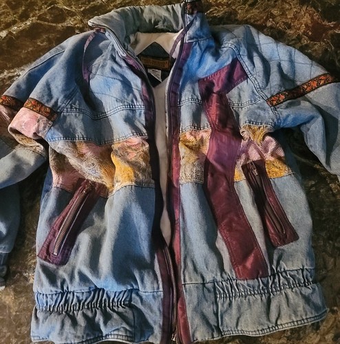 Vintage 80's Denim Puffy Jacket Embellished Fabric Patchwork Size M Boho •☆• - Picture 2 of 8