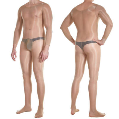Mens Ultra Shiny Glossy Jumpsuit Bulge Pouch Body Stockings Sheer Nylon Bodysuit