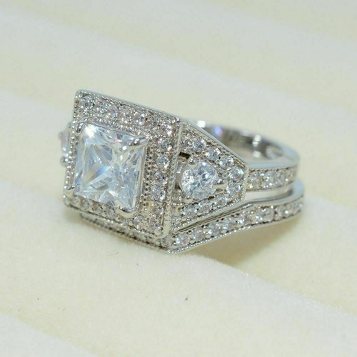 Wedding Ring Set Solid 14k White Gold 2.50 Ct Princess Simulated Diamond Size 8 - Picture 4 of 4