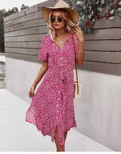 Women  s Floral V-Neck Midi Dress Casual Boho Beach Holiday Button Sundress