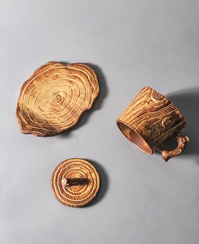Tlife x Stool Handcrafted Japanese Tree Stump Ceramic Coffee Cup Saucer Set - Picture 4 of 11