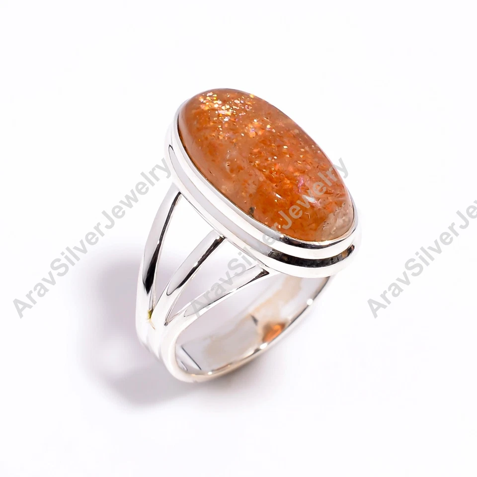 Natural Sunstone Ring 925 Sterling Silver Statement Boho Rings Gift Jewelry - Image 2 of 4
