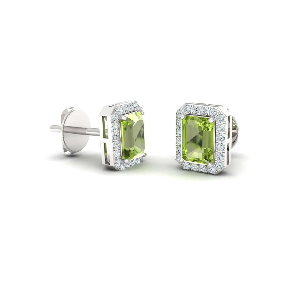 14K Weißgold 1,20 Karat Smaragdschliff Peridot Und Diamant Halo Ohrstecker B75 - Bild 2 von 2