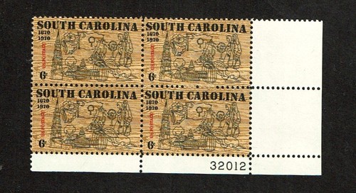 1970 U.S. COMMEM 6c SOUTH CAROLINA Plt#Blk of 4 Sc#1407 M/NH/OG GEM