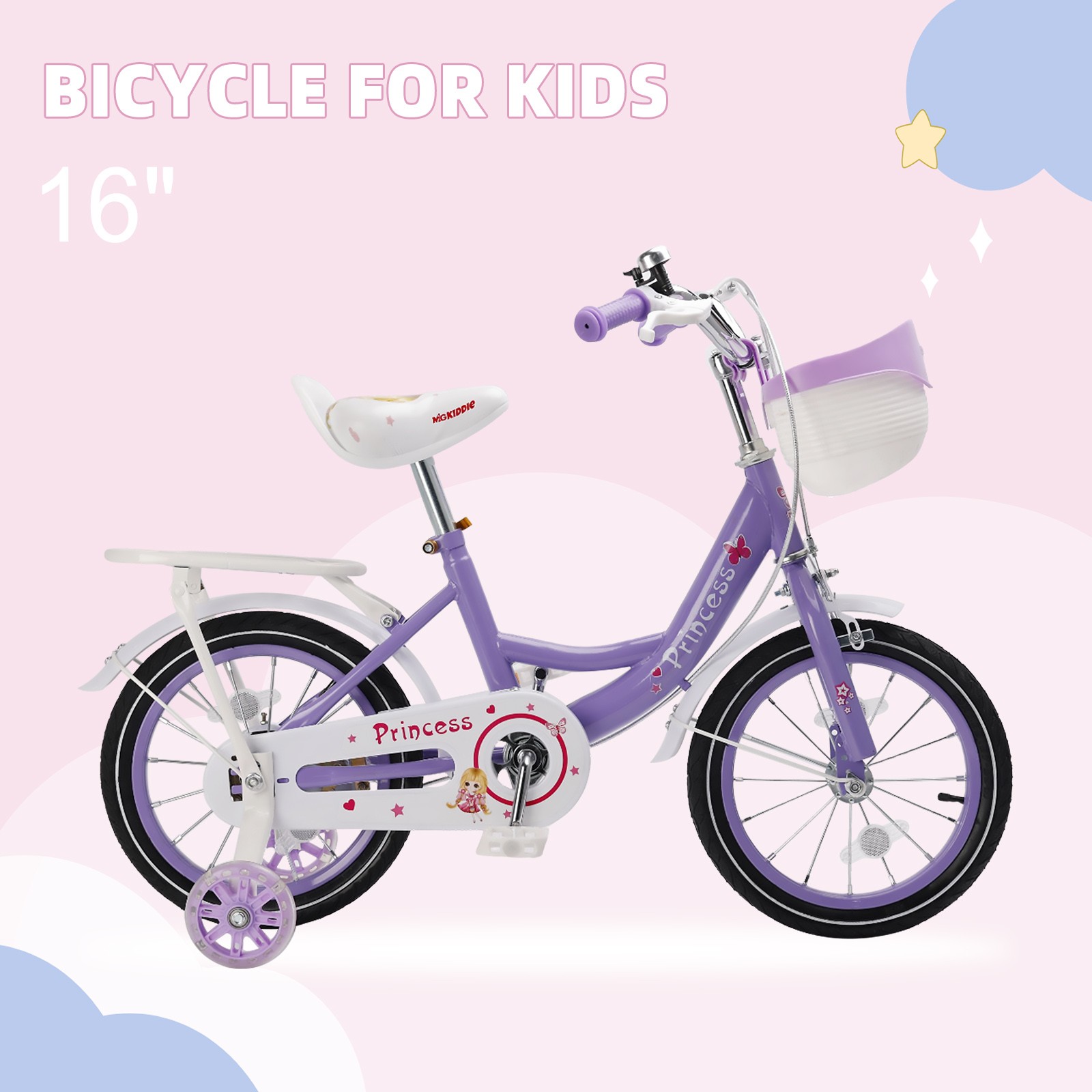 16" Kids Bicycle Girls Toddler Bike with Training Wheels Basket Kickstand Purple