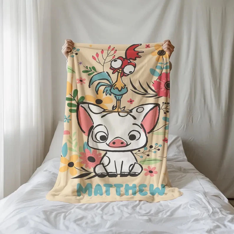 Personalized Moana Pua And Hei Hei Fleece Blanket