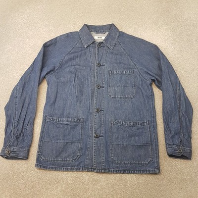Uniqlo Herren Jacke klein blau Denim Chore Utility Field Sack Leinen Scheunenarbeiter
