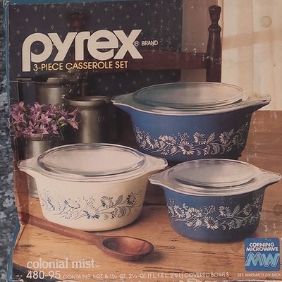 Pyrex Colonial Mist 3pc Glass Casserole Set w/ Lids 480-95 1-2.5qt