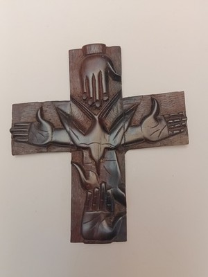 Hand Carved Olive Wood Cross ''Hands And Dove''. 6 In By 7 In