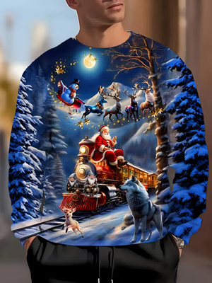 Realistic Santa Claus Sleigh Winter Scene All Over Print Pullover Unisex