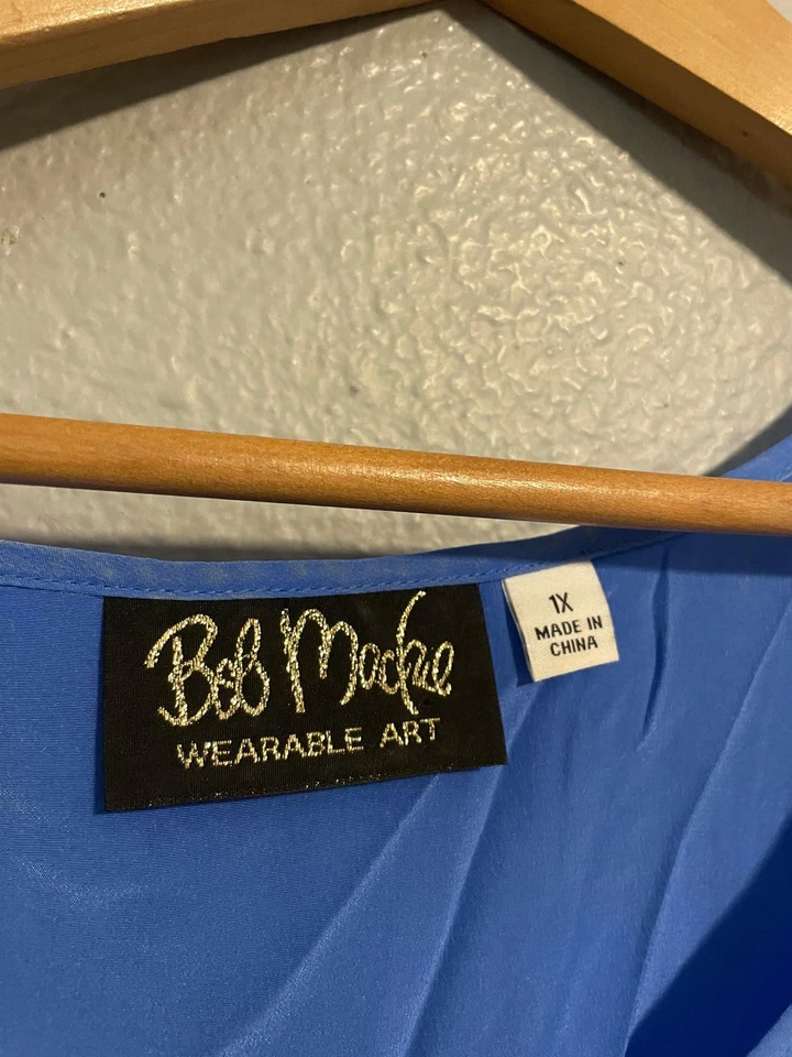 Blusa sin mangas Bob Mackie para mujer 1X azul 100 % seda sin mangas ligera artística Foto 3 de 4