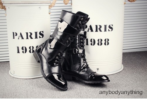 Mens Patent Leather Combat Punk Boots Military Knee High Motorcycle Mid Calf New - Picture 11 of 14