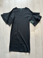 New! Lauren By Ralph Lauren Black Dress With Short Ruffle bell  Sleeves Size XS