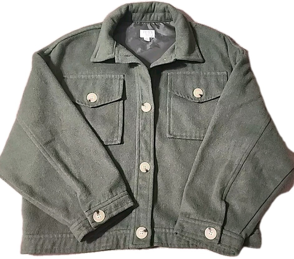 Time Tru Women's Olive Green Wool Acrylic Shirt Jacket Coat in Size S