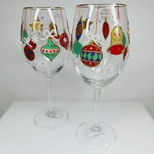 Christmas Wine Glasses Ornaments Bells Painted Jeweled Set of 2 PRIORITY SHIP