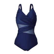 Plus Size One Piece Swimsuit Women Mesh Patchwork Solid Stretch Bathing Suit